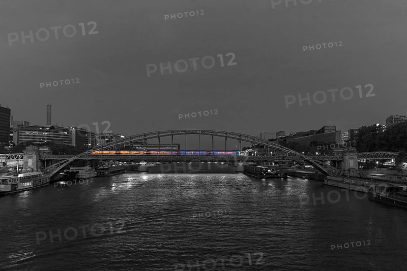 Night-time subway across the Viaduc d'Austerlitz, across the Seine, black and white, Paris, France