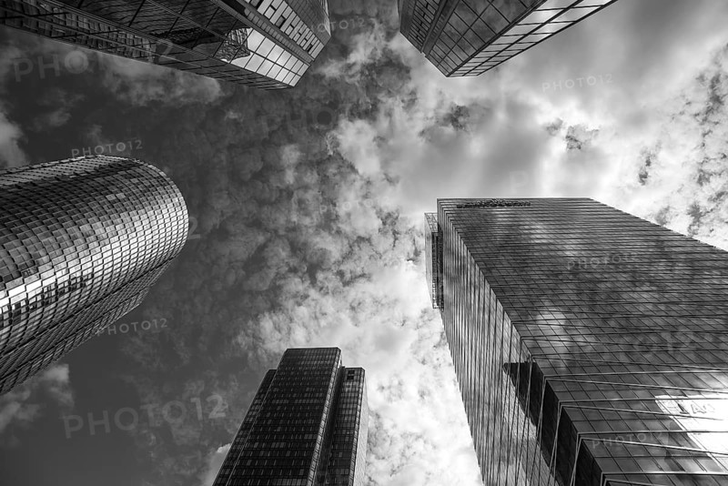 Skyscrapers in the modern high-rise La Défense district, black and white, Paris, France