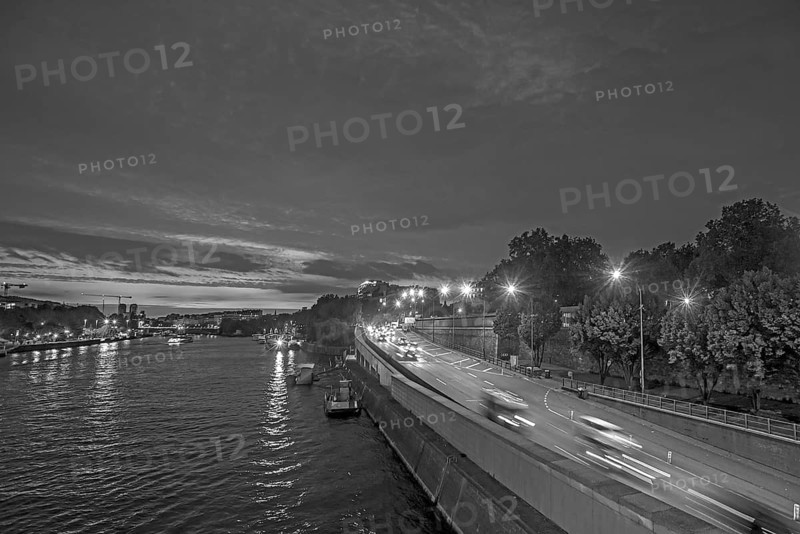 View of the Seine at night, the towers of Notre Dame in black and white, Paris, France