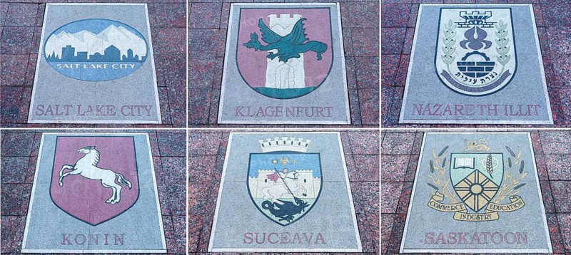 Six floor plates, coats of arms of various European countries on the central square in Czernowicz, Ukraine