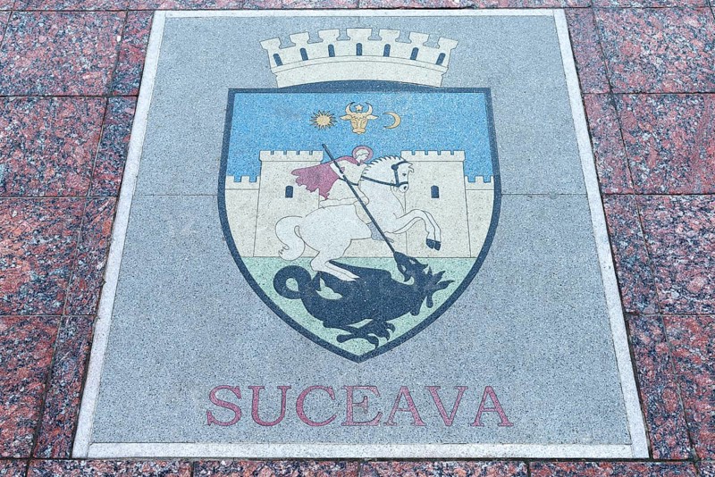 Base plate, coat of arms of Suceava, Romania, on the central square in Czernowicz, Ukraine
