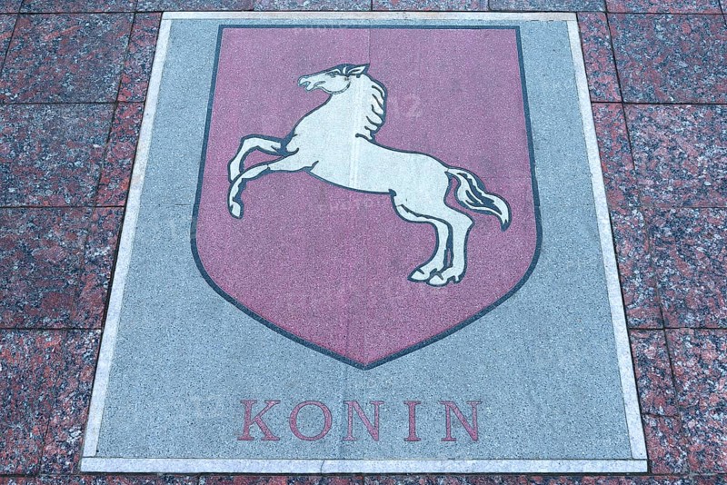 Base plate, coat of arms of Konin, Poland, on the central square in Czernowicz, Ukraine