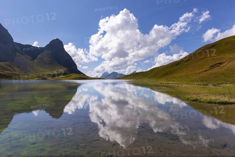 Rappensee, left Kleiner Rappenkopf, 2276m, behind the Schafalpenköpfe, above it the Mindelheimer via ferrata, Allgäu Alps, Allgäu, Bavaria, Germany