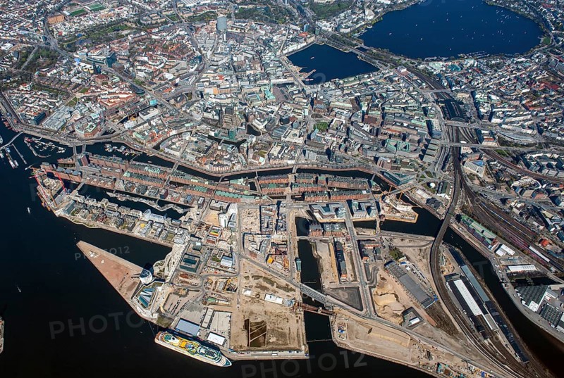 Hafencity, Speicherstadt, city center, Alster, architecture, Stättebau, historic 2010, aerial view, Hamburg, Germany
