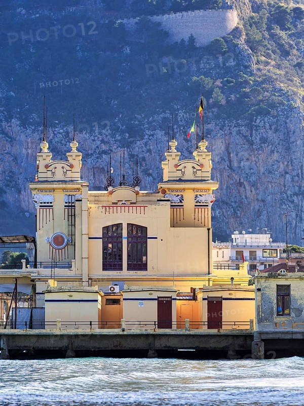 Antico Stabilimento Balneare by Mondello, Charleston spa hotel, historic Art Nouveau bathing establishment, side view, Palermo, Sicily, north coast, Tyrrhenian Sea, Italy