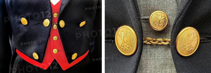 Picture pair, federal tailcoat for men on the left, black tailcoat with red vest and golden buttons with federal eagle for hall service in the Bundestag and specially made federal tailcoat for woman on the right, gray tailcoat with vest and golden buttons with federal eagle for the same service in the Bundestag since 1989, equality