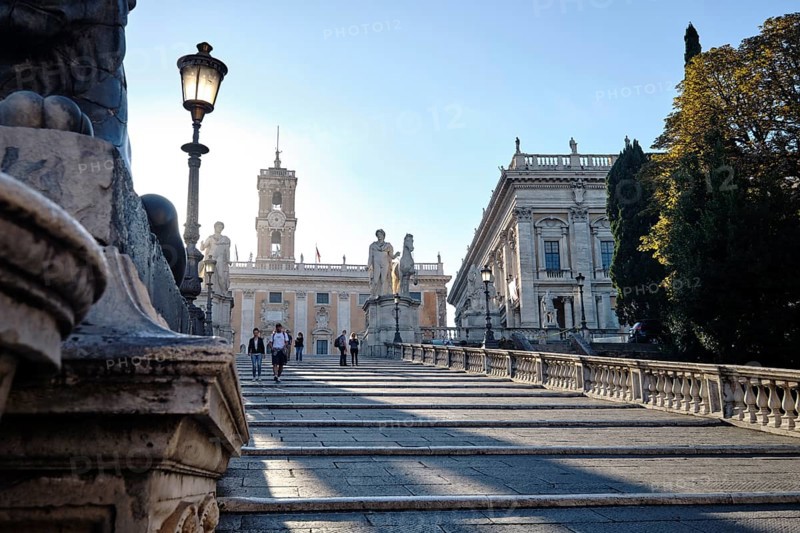 Staircase leading to the Capitoline Square, Statues of the Dioscuri Castor and Pollux, Piazza di Campidoglio in the morning light on the Capitoline Hill, Palazzo Senatorio, Palazzo dei Conservatori, Rome, Lazio, Italy