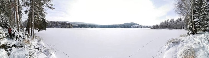 Panoramic view of frozen snowy lake, Rennsteig, Thuringian Forest