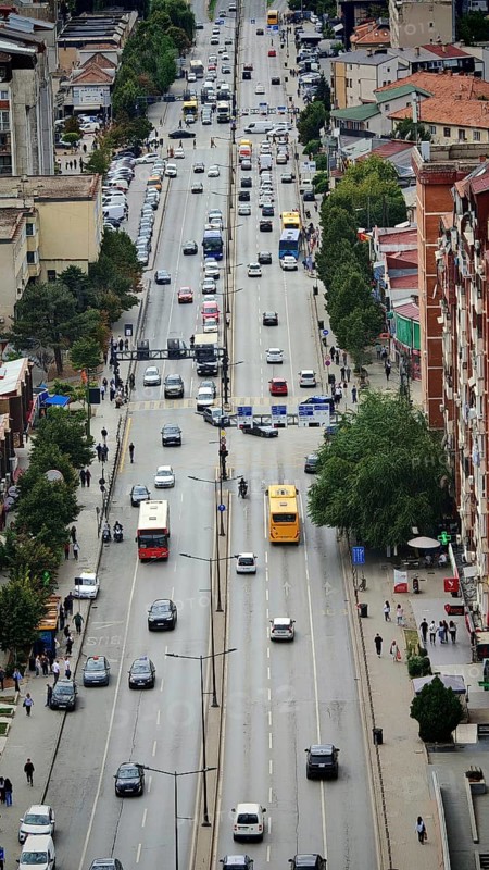 Aerial view of a busy city street with lots of cars and passers-by, Prizren, Kosovo