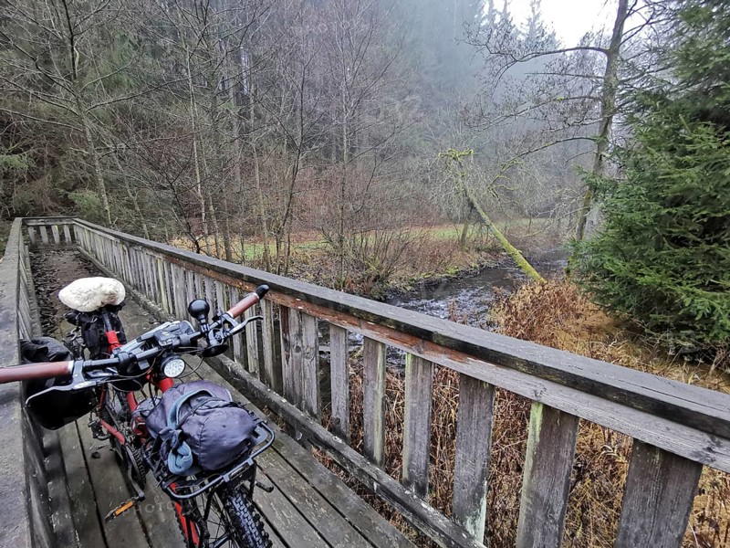 Bicycle on a wooden bridge in an autumn forest, along a stream
