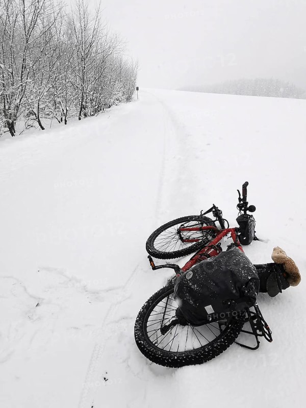 Bicycle is lying in the snow on a snowy dirt road under bare trees
