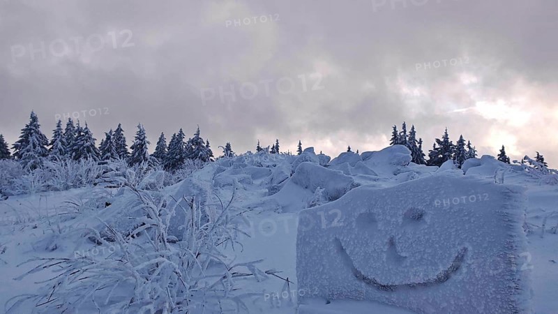 Snowy forest with a smiley face drawn in snow under a cloudy sky, Fichtelgebirge, Bavaria