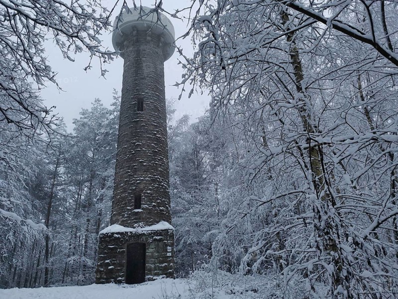 A stone tower stands in a snowy forest and conveys a mystical winter atmosphere, Lucas Cranach Tower, Kronach, Frankenwald