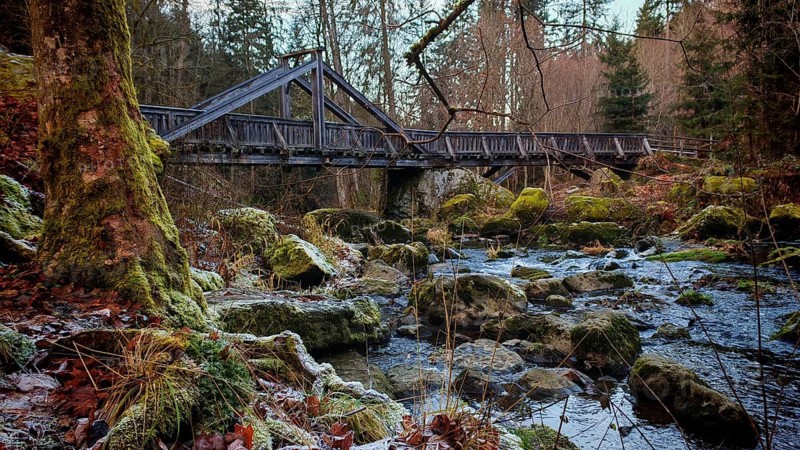 A river flows under a wooden bridge, Teufelssteg, surrounded by moss-covered rocks and forest, mystical, romantic, Frankenwald nature park Park