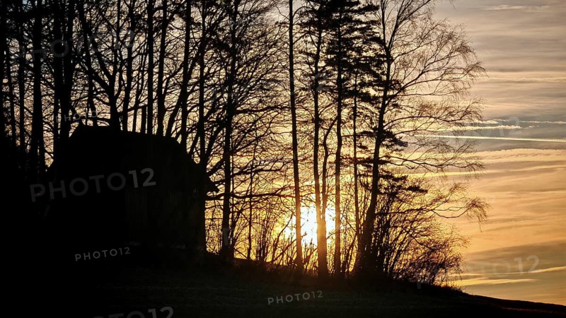 Barn and tree silhouettes against rising sun and colorful sky at dawn