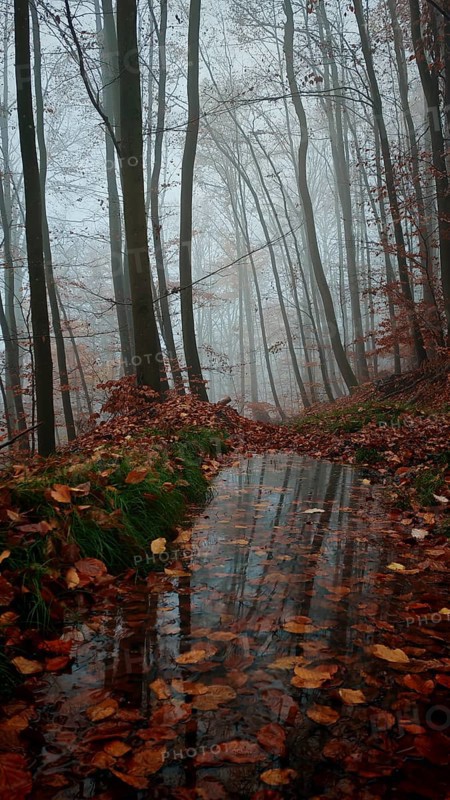 Forest trail with autumn leaves and a puddle under a foggy sky, mystical, romantic, Thuringian Forest