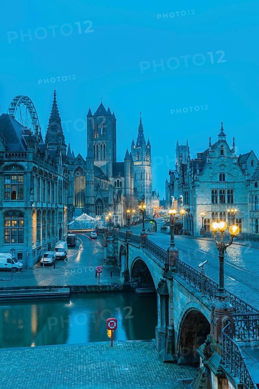 Ghent, Belgium, Flanders. The Cathedral and Historical Town from a bridge
