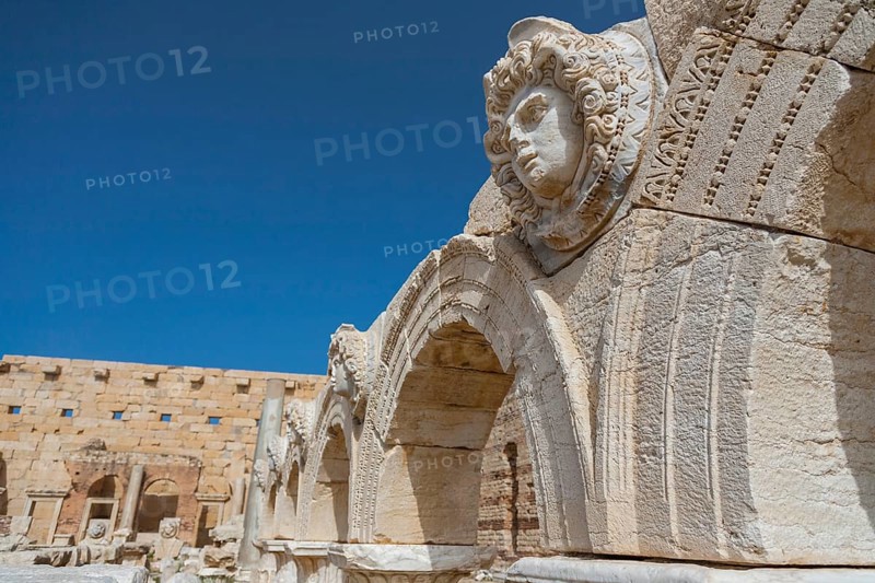 Leptis Magna, Libya, North Africa. The Medusa head on archaeological remains from the majestic Roman City of Leptis Magna. The city was originally built by the Phoenicians