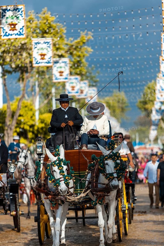 Seville, Spain, Europe. Men in traditional equestrian clothes driving a horse drawn carriage during the Feria de Abril