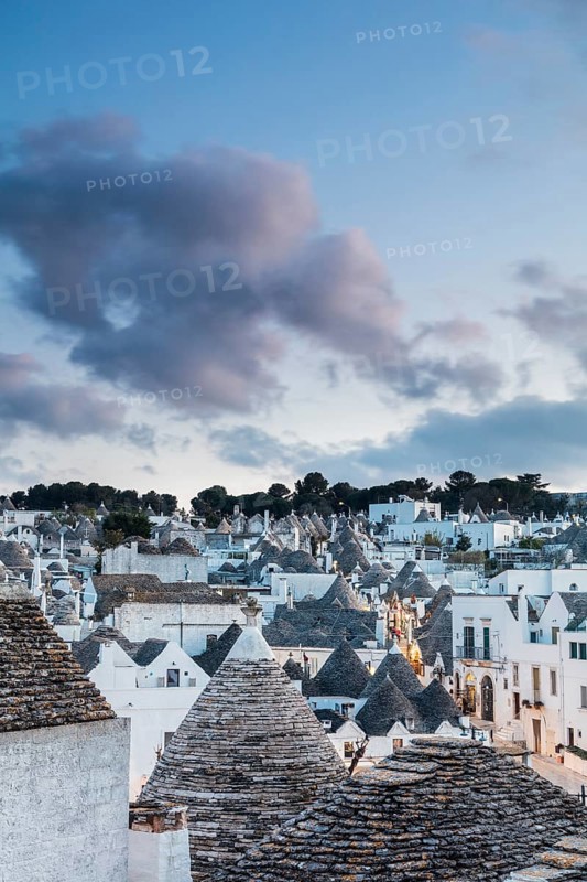 Alberobello, Puglia, Italy. The Trulli of Alberobello in the evening