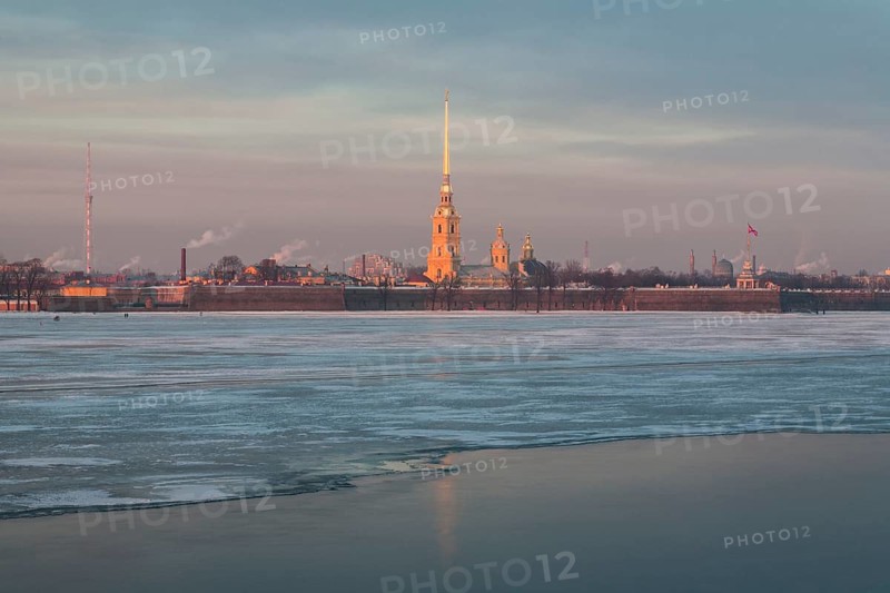 St Petersburg, Russia. Vasilevsky Island as seen from the partially frozen Neva river