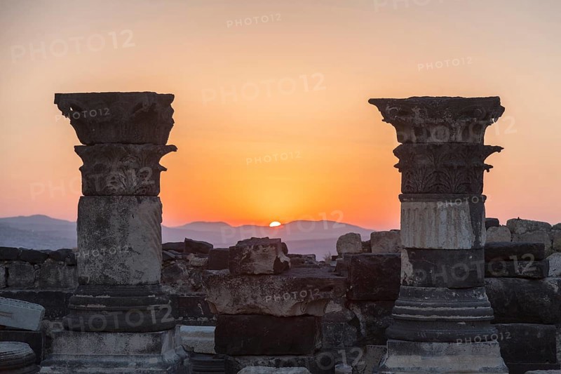 Galilee, Israel, Middle East. Ruins from the magnificent Ancient city of Hippos or Sussita a Greco Roman city on top of the Golan Heights during sunset