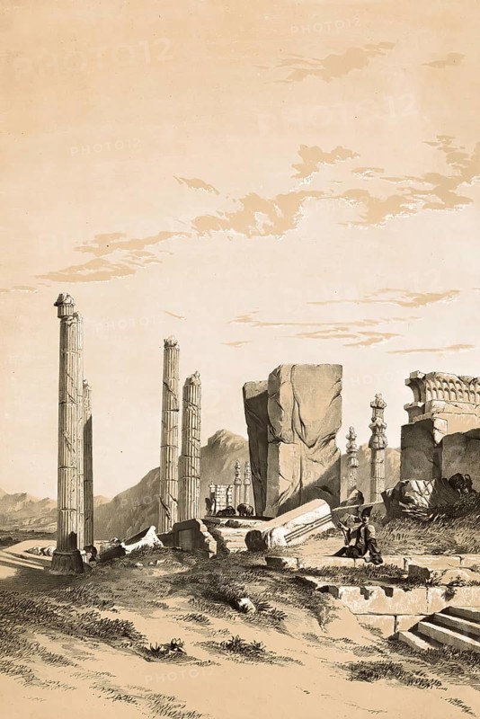 Ruins of Persepolis, Iran, authentic, digitally restored reproduction from a 19th century model by Eugene Flandin (1809-1876), exact date of depiction unknown, Historical