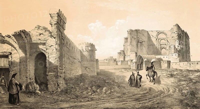 Palace of Zobeideh, palace of Zubaida Khatun, the woman of Caliph Harun al-Rashid, in Tabriz, Iran, authentic, digitally restored reproduction from a 19th century model by Eugene Flandin (1809-1876), exact date of depiction unknown, Historic