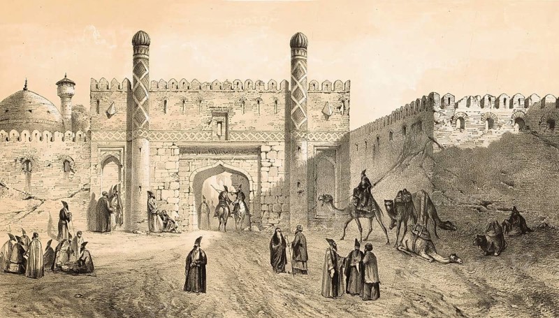 City gates in old Tehran, Iran, authentic, digitally restored reproduction from a 19th century model by Eugene Flandin (1809-1876), exact date of depiction unknown, Historical
