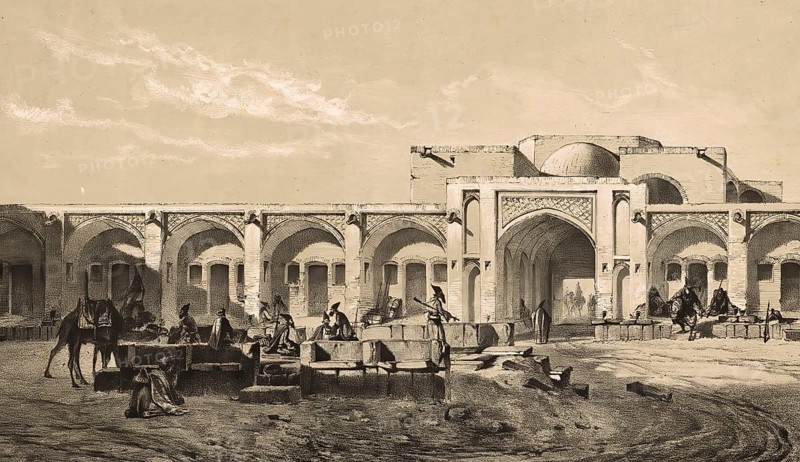 The inner courtyard of the caravanserai of Mahyar, also known as Mayar, is considered an outstanding example of Safavid architecture in Iran. The complex is located south of Isfahan on the road to Shiraz, authentic, digitally restored reproduction of a 19th century model by Eugene Flandin (1809-1876), exact date of depiction unknown, Historical