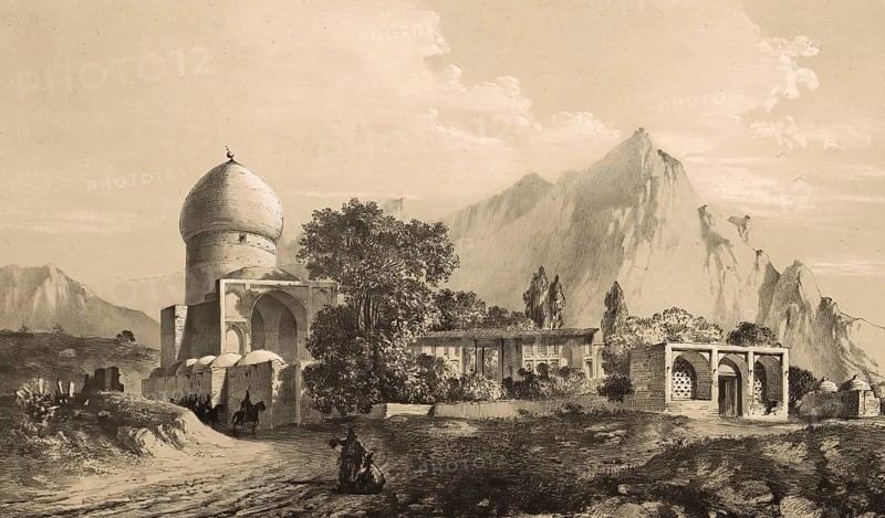Imamzadeh A Koumichah, also Imamzadeh-ye Koumichah, a historical shrine, shrine or tomb of a descendant of a Shiite Imam, in the region of Iraq-Adjami, in present-day Iran, authentic, digitally restored reproduction from a 19th century model by Eugene Flandin (1809-1876), exact date of depiction unknown, Historical