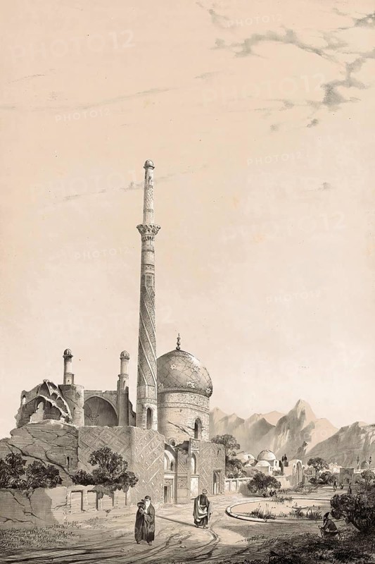 Baba Soukhteh Mosque, Mosquee Baba-Souctah, historical building in Isfahan, Iran, authentic, digitally restored reproduction from a 19th century model by Eugene Flandin (1809-1876), exact date of depiction unknown, Historical