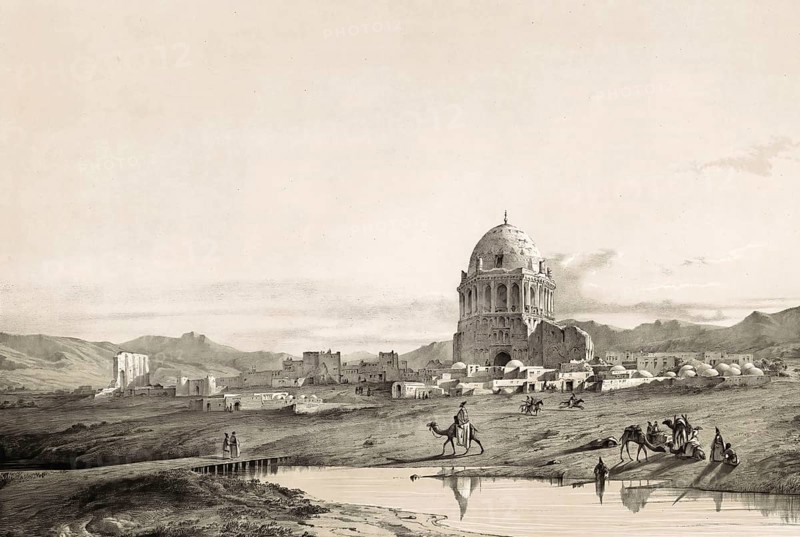 Soltaniyeh or Soltanie, a city in Iran that was a temporary capital under the Ilkhans in the 14th century and is now a tranquil village with mud houses and the famous Soltaniye dome, a UNESCO World Heritage Site, authentic, digitally restored reproduction from a 19th century model by Eugene Flandin (1809-1876), exact date of depiction unknown, Historical