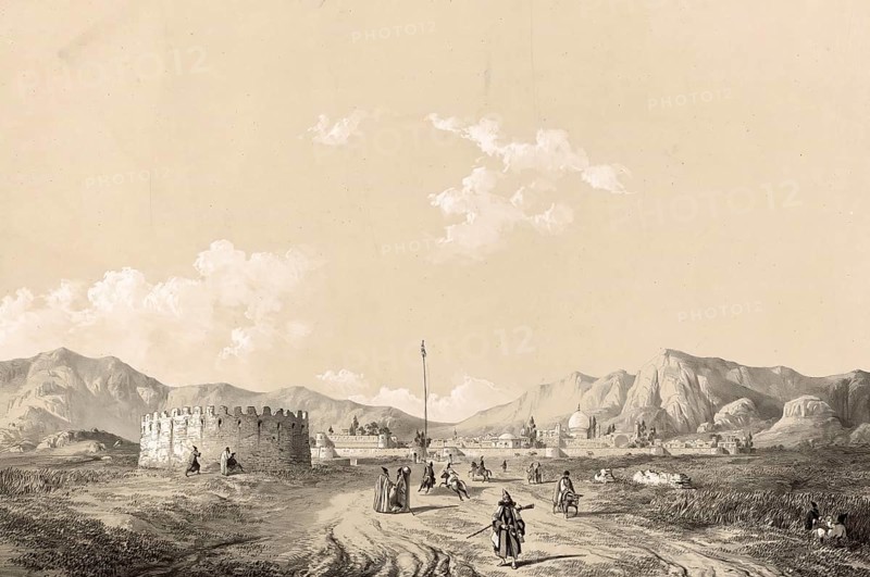 The Mamasani Tower near Shiraz in Iran, authentic, digitally restored reproduction from a 19th century model by Eugene Flandin (1809-1876), exact date of depiction unknown, Historical