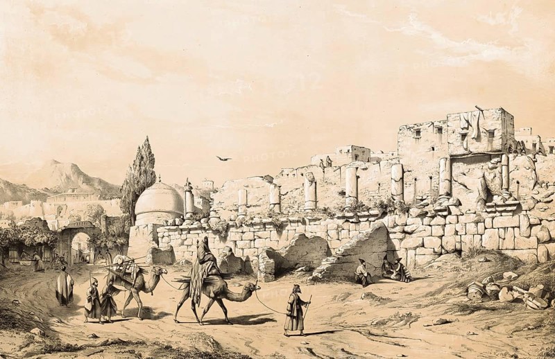 Ruins of a Greek temple, in Kincavar Kingavar, also spelled Kangavar, Iran, authentic, digitally restored reproduction from a 19th century model by Eugene Flandin (1809-1876), exact date of depiction unknown, Historical