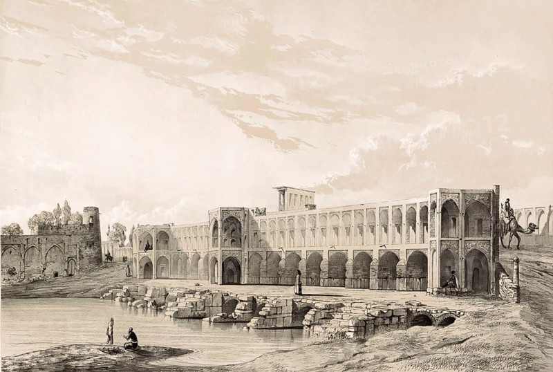 Pont Kadiou Bridge in Shiraz, Iran, authentic, digitally restored reproduction from a 19th century model by Eugene Flandin (1809-1876), exact date of depiction unknown, Historical