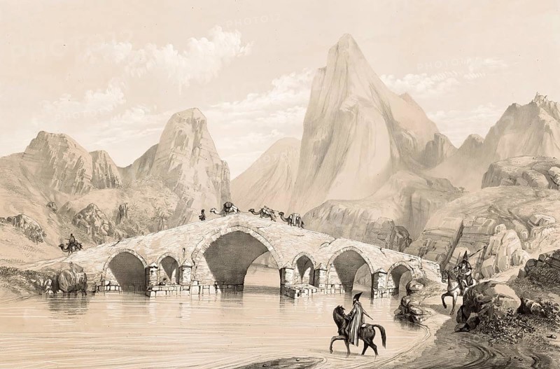 Pont du Kizil-Hauzen, also Kizil-Hauzen Bridge or Kiz Bridge, historic bridge over the river Qizil Uzun, Kizil Ozan, near Miyaneh in Iran, authentic, digitally restored reproduction from a 19th century model by Eugene Flandin (1809-1876), exact date of depiction unknown, Historic