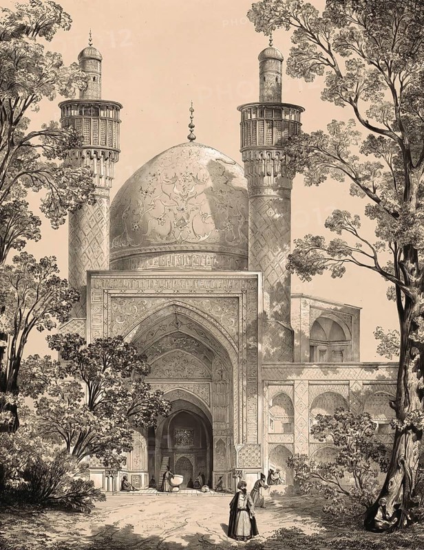 Mosque Sultan Hussein in Isfahan, formerly known as Shah Mosque or Royal Mosque or the Madrasa-yi Shah Sultan Hussein, Iran, authentic, digitally restored reproduction from a 19th century model by Eugene Flandin (1809-1876), exact date of depiction unknown, Historic