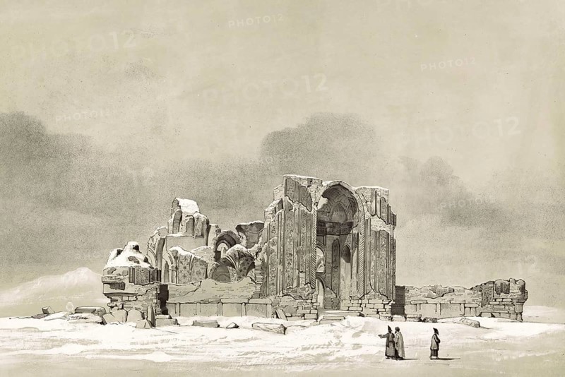 Ruin of a mosque near Tabriz, Iran, authentic, digitally restored reproduction of a 19th century model by Eugene Flandin (1809-1876), exact date of depiction unknown, Historical