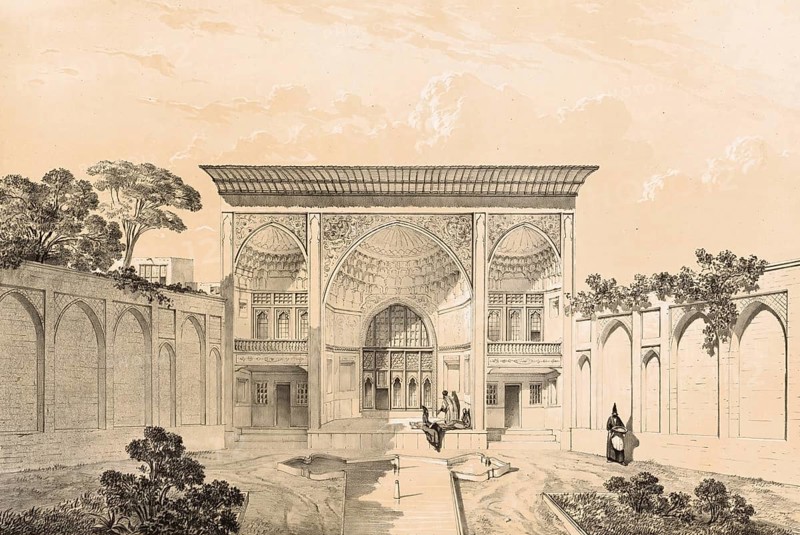 Maison de Hussein-Khan, House of Hussein Khan in Tabriz, Tabriz, historical Persian building, Iran, authentic, digitally restored reproduction from a 19th century model by Eugene Flandin (1809-1876), exact date of depiction unknown, Historical