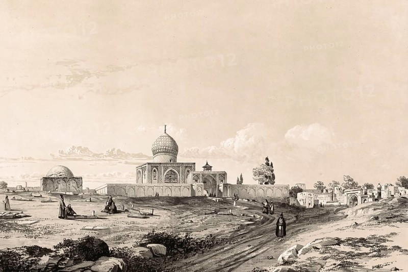 Imamzadeh Hossein, also known as Iman-zadeh Hussein, is an important religious site and mausoleum in the Iranian city of Qazvin, Casbin. The mausoleum houses the tomb of Shahzadeh Hossein, a son of the eighth Shia Imam, Imam Reza. He died in 816 AD in Qazvin, Iran, authentic, digitally restored reproduction from a 19th century model by Eugene Flandin (1809-1876), exact date of depiction unknown, Historical