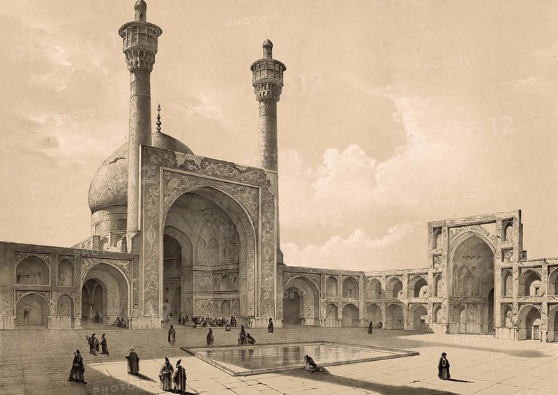 Courtyard, Great Mosque in Isfahan, Iran, authentic, digitally restored reproduction from a 19th century model by Eugene Flandin (1809-1876), exact date of depiction unknown, Historical