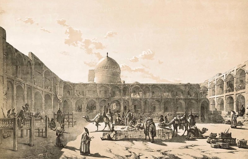 The caravanserai of Sa'd al-Saltaneh, Saraye Sa'd ol-Saltaneh, in Qazvin, also Casbin, Iran, is one of the best preserved urban caravanserais in the country, was built at the end of the 19th century during the Qajar era by order of the then governor Sa'd al-Saltaneh, authentic, digitally restored reproduction from a 19th century model by Eugene Flandin (1809-1876), exact date of depiction unknown, Historic