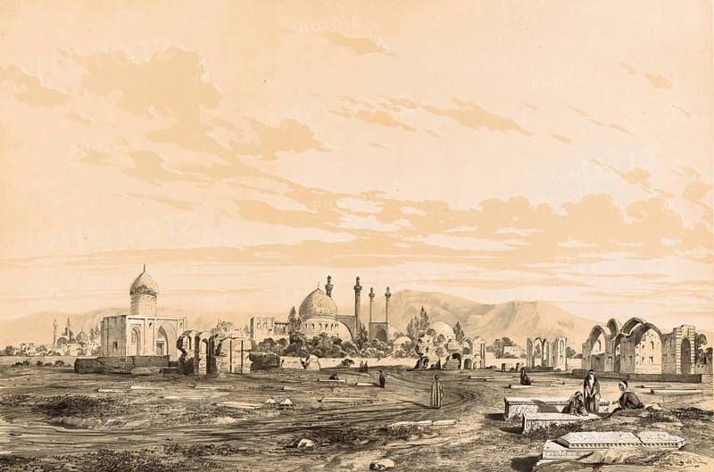 The historical cemetery in Isfahan, Persia, Iran, Takht-e-Foulad, authentic, digitally restored reproduction from a 19th century model by Eugene Flandin (1809-1876), exact date of depiction unknown, Historical