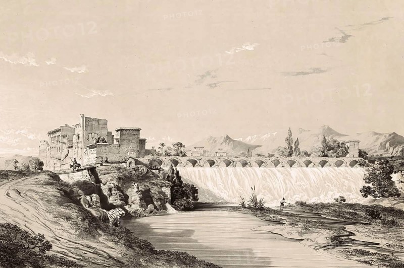 Waterfall of Bend-Amir or the Fall of Bend-Amir, historical dam or water outlet near Persepolis, Iran, authentic, digitally restored reproduction from a 19th century model by Eugene Flandin (1809-1876), exact date of depiction unknown, Historical