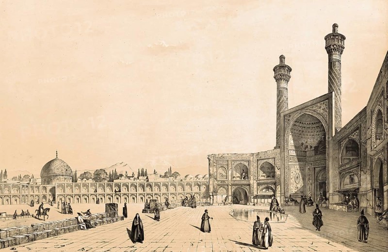 Entrance to the great mosque in Isfahan, Iran, authentic, digitally restored reproduction from a 19th century model by Eugene Flandin (1809-1876), exact date of depiction unknown, Historical