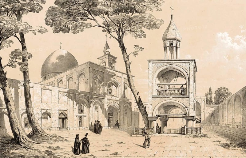 Vank Cathedral, the most important place of worship in the Armenian neighbourhood of New Julfa in Isfahan, Iran, authentic, digitally restored reproduction of a 19th century model by Eugene Flandin (1809-1876), exact date of depiction unknown, Historical