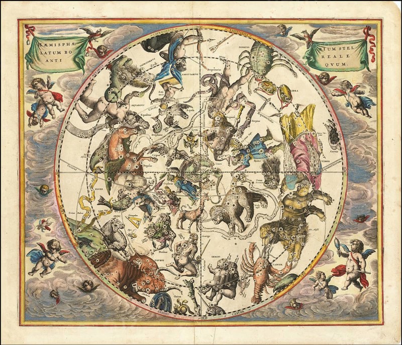 Celestial map entitled Hæmisphærium Stellatum Boreale Antiqvum, The Northern Stellar Hemisphere of Antiquity, by Andreas Cellarius. The map was originally published in 1660 in his famous atlas Harmonia Macrocosmica, one of the most magnificent celestial atlases ever produced. The map shows the constellations of the northern hemisphere (Boreale) as they were seen by ancient astronomers such as Ptolemy, and depicts the stars from a geocentric perspective centred on the Earth, digitally restored reproduction from a 17th century original, authentic, exact date of depiction unknown