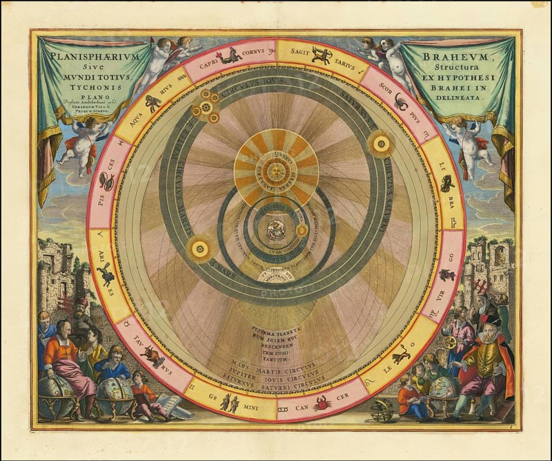 Planisphaerium Braheum, a famous historical celestial map illustrating the geo-heliocentric world model of the Danish astronomer Tycho Brahe. The engraving is by Andreas Cellarius and was published in 1660 or 1661 in the Atlas Harmonia Macrocosmica. At the centre of the universe is the immobile Earth. The sun and the moon revolve around the earth, while the other planets (Mercury, Venus, Mars, Jupiter and Saturn) orbit the sun. The illustration contains decorative elements such as putti pulling on the curtains and groups of scholars studying instruments such as globes and quadrants at the bottom left and right. At the bottom right is also a portrait of Tycho Brahe himself, with his observatory Uranienborg in the background, digitally restored reproduction from a 17th century original, authentic, exact date of depiction unknown