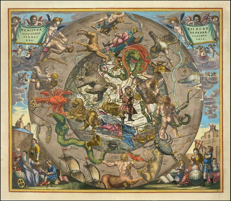 Sky map Hemisphaerii Borealis Coeli et Terrae Sphaerica Scenographia, spherical representation of the northern sky and the earth, by Andreas Cellarius. The opulently designed and hand-colored engraving shows the constellations of the northern hemisphere in a geocentric depiction, surrounded by allegorical figures and astronomers, digitally restored reproduction from a 17th century model, authentic, exact date of presentation unknown